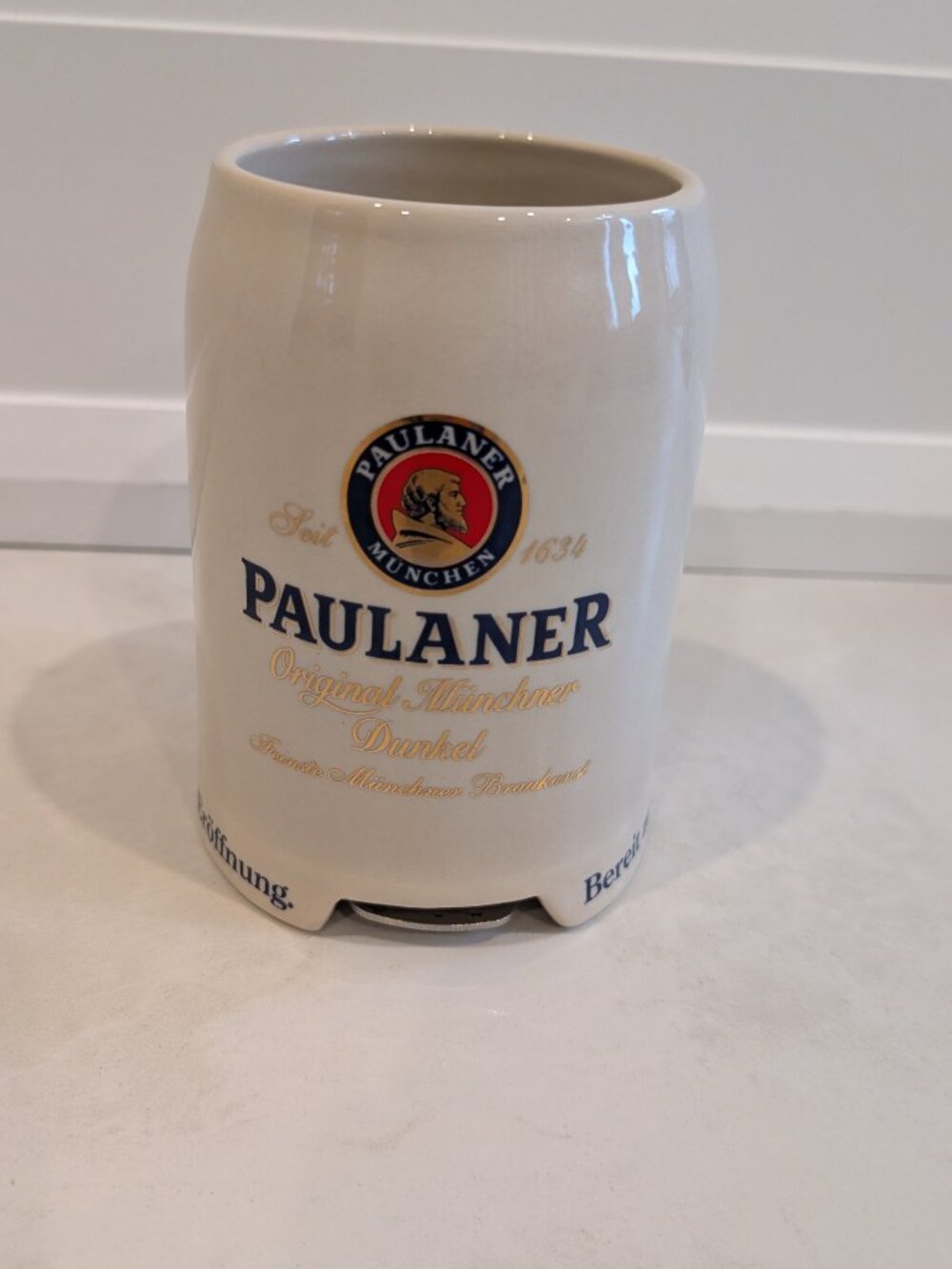 Vintage Paulaner München Ceramic Beer Stein Mug with Built-In Base Bottle Opener